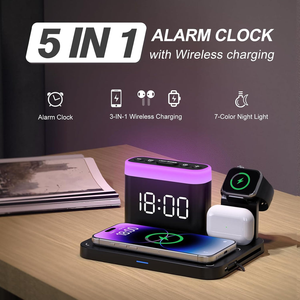 Wireless Charging Station,5 in 1 Multiple Charger Stand with Alarm Clock,7 Night Light,Magnetic Charging Dock for Iphone 17 16 15 14 13 12 Pro Max Plus,Apple Watch 11/10/9/8,For Airpods,Bedroom