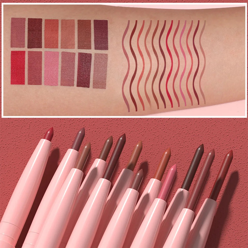 Matte Lip Liner Pencil Set 12 Colors Lip Contour Lipstick Waterproof Non-Transfer Highly Pigmented Nude-Pink Daily&Party Makeup