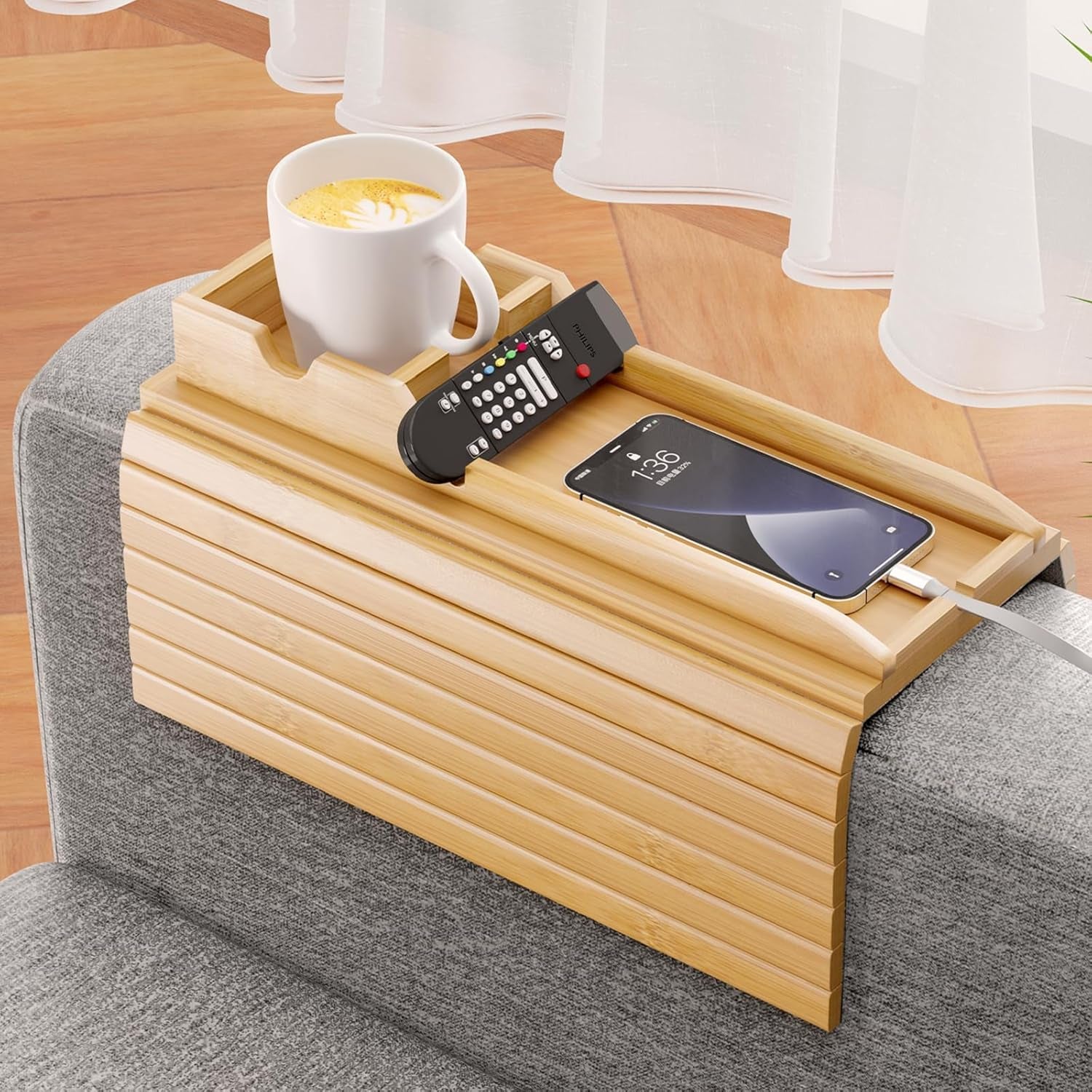Bamboo Sofa Armrest Tray - Couch Arm Tray with Detachable Couch Cup Holder - 2 in 1 