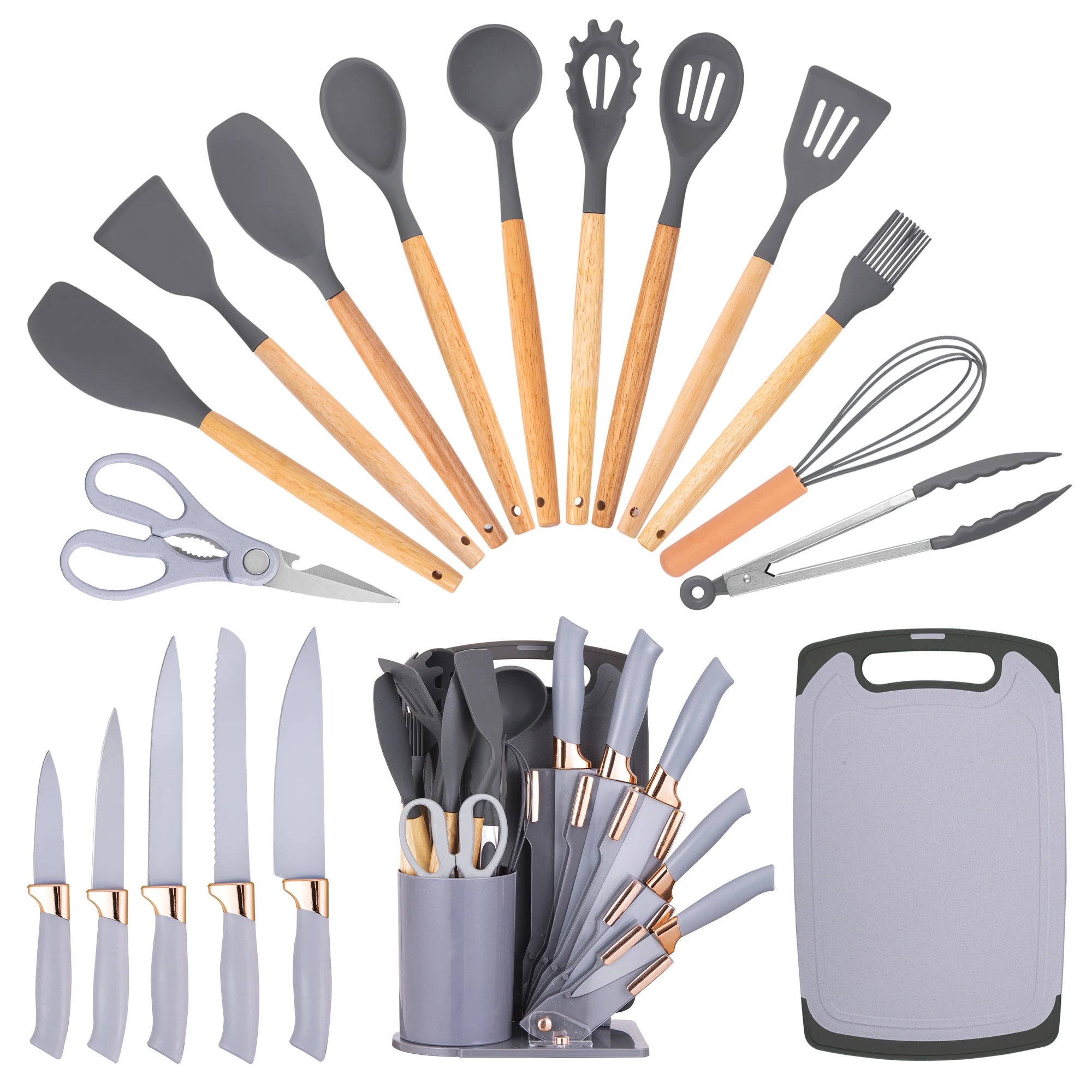 19Pcs Professional Kitchen Knife Set with Silicone Cooking Utensils & Cuttingboard, High Carbon Stainless Steel Chef Knives.