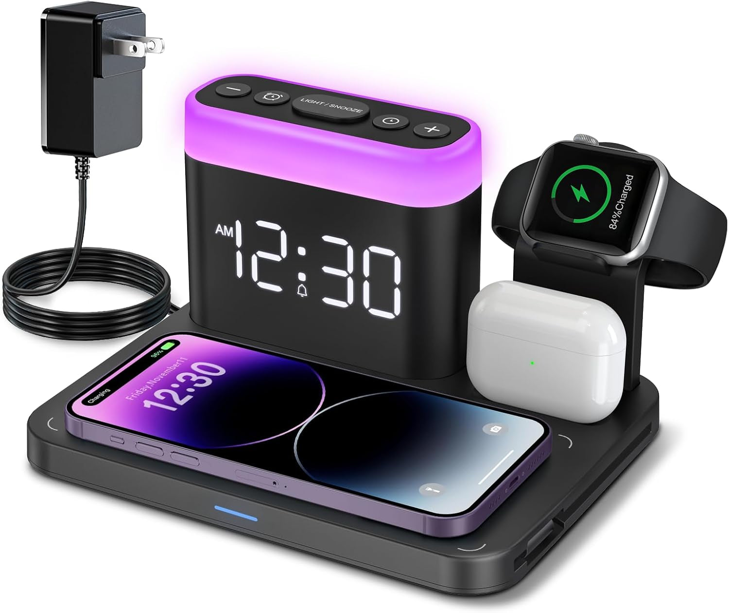 Wireless Charging Station,5 in 1 Multiple Charger Stand with Alarm Clock,7 Night Light,Magnetic Charging Dock for Iphone 17 16 15 14 13 12 Pro Max Plus,Apple Watch 11/10/9/8,For Airpods,Bedroom