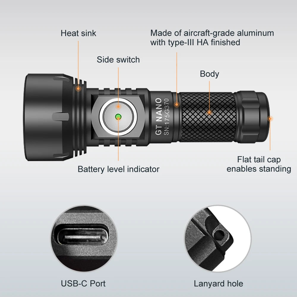 Professional Outdoor Flashlight for Camping Hiking Outdoor Illumination Tool  GT NANO LED Flashlight 450 Meters USB TYPE