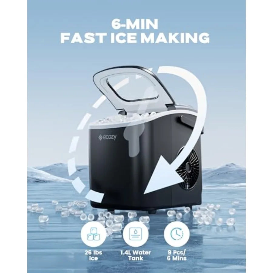Countertop Portable Ice Maker for Home/Kitchen/Camping/Rv, Stainless Steel, Silver, 26Lbs Ice in 24Hrs, 9 Cubes in 6 Mins, Auto