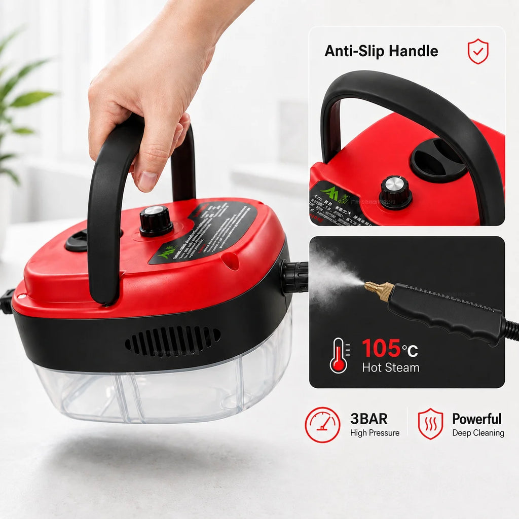 001 Small and Portable High-Pressure Red White Steam Cleaner with Brush Heads Handheld Sanitizing 6-Speed Settings Extended Hose Large Capacity Removes Grease Dust Mites for Air Conditioners Range Hoods Floors Bathrooms Cookware Tableware