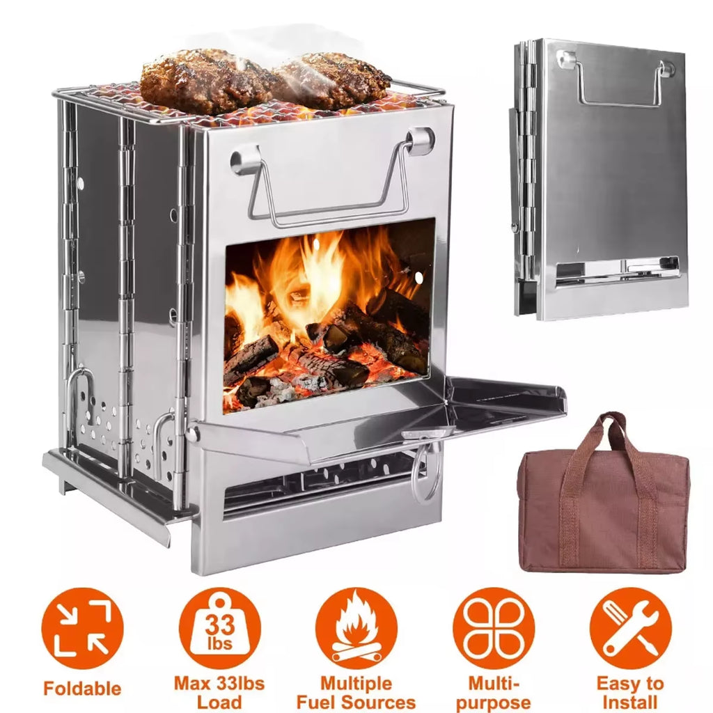 Stainless Steel Wood-Burning Stove Lightweight Compact Camping Stove Portable Folding Wood Stove for Outdoor Camping Hiking
