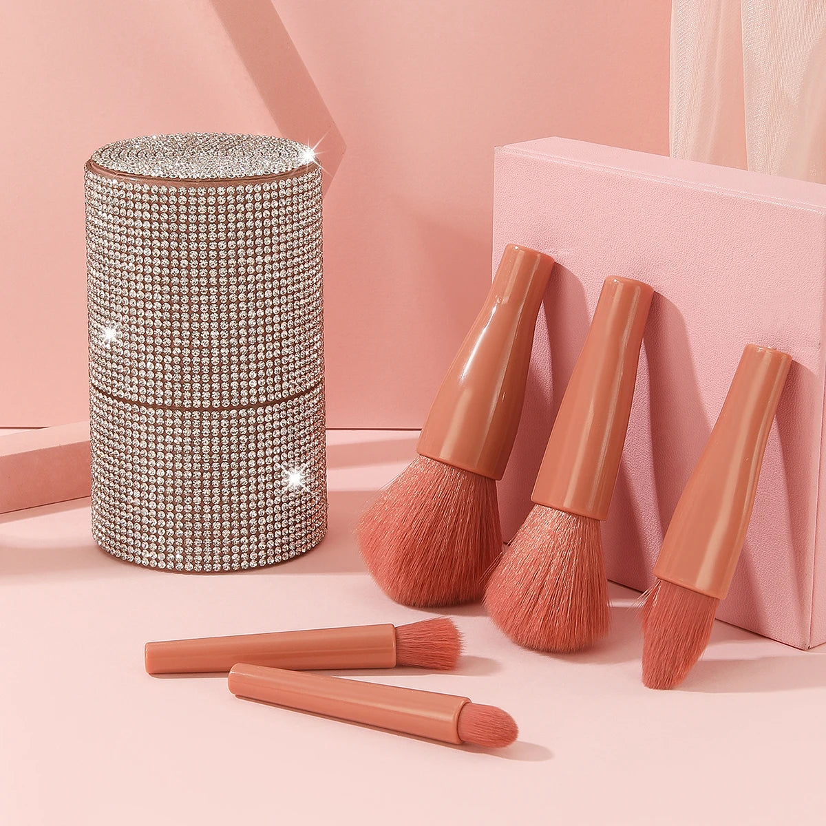 5Pcs Premium 5-In-1 Bling Diamond Makeup Brush Set, Mini Travel-Friendly Cosmetic Tools with Blush & Face Brushes, Ultra-Soft Bristles, All-In-One Portable Kit