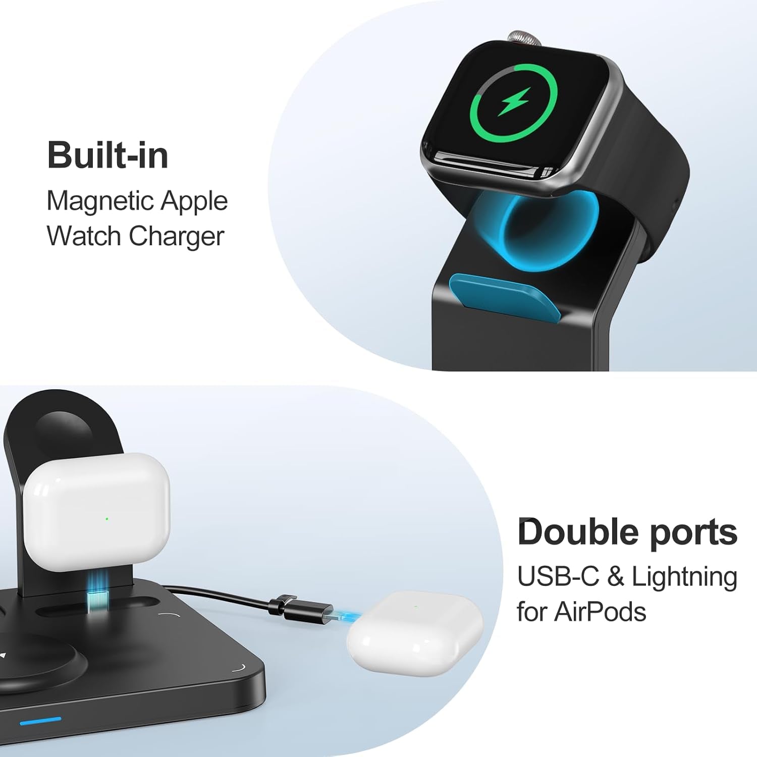 Wireless Charging Station,5 in 1 Multiple Charger Stand with Alarm Clock,7 Night Light,Magnetic Charging Dock for Iphone 17 16 15 14 13 12 Pro Max Plus,Apple Watch 11/10/9/8,For Airpods,Bedroom