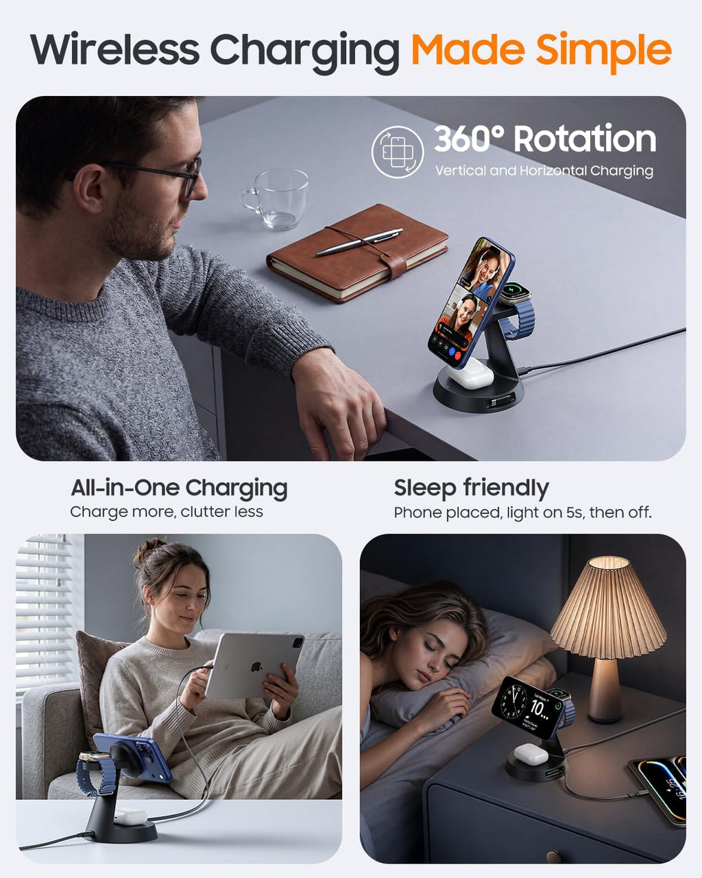 4 in 1 Magnetic Wireless Charger with 20W Fast Retractable Cable for Apple Devices