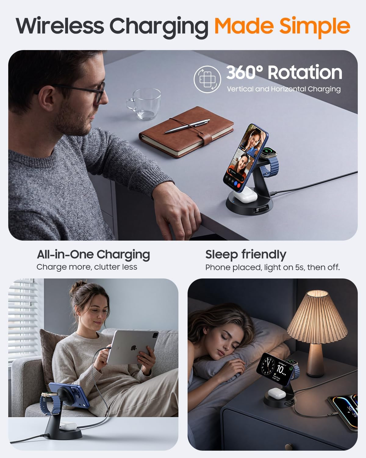 4 in 1 Magnetic Wireless Charger with 20W Fast Retractable Cable for Apple Devices