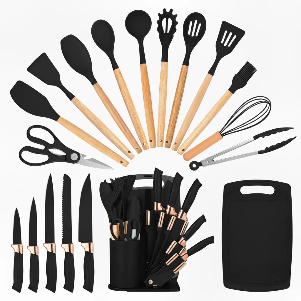 19Pcs Professional Kitchen Knife Set with Silicone Cooking Utensils & Cuttingboard, High Carbon Stainless Steel Chef Knives.