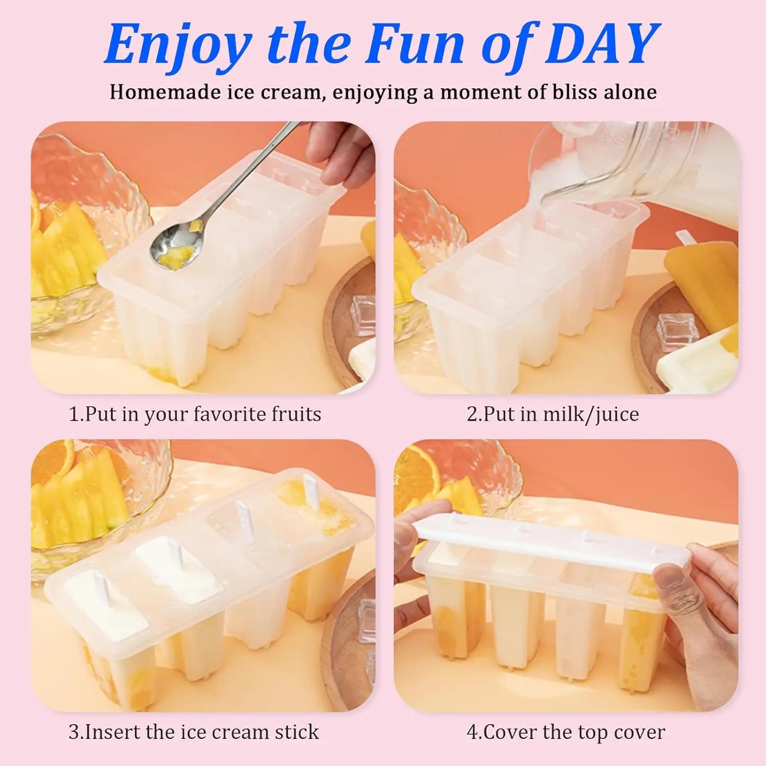 2 Pcs 4 Cavity Popsicle Mold for Homemade Ice Cream and Frozen Treats, Food-Grade Ice Pop Maker with Sticks, Easy Release Design
