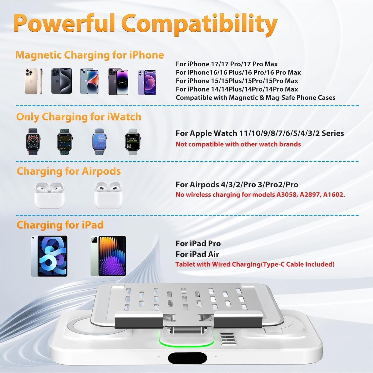 30W Charging Station for Apple Products, Foldable Wireless Charger with Clock Display&7 Color Light