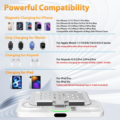 30W Charging Station for Apple Products, Foldable Wireless Charger with Clock Display&7 Color Light