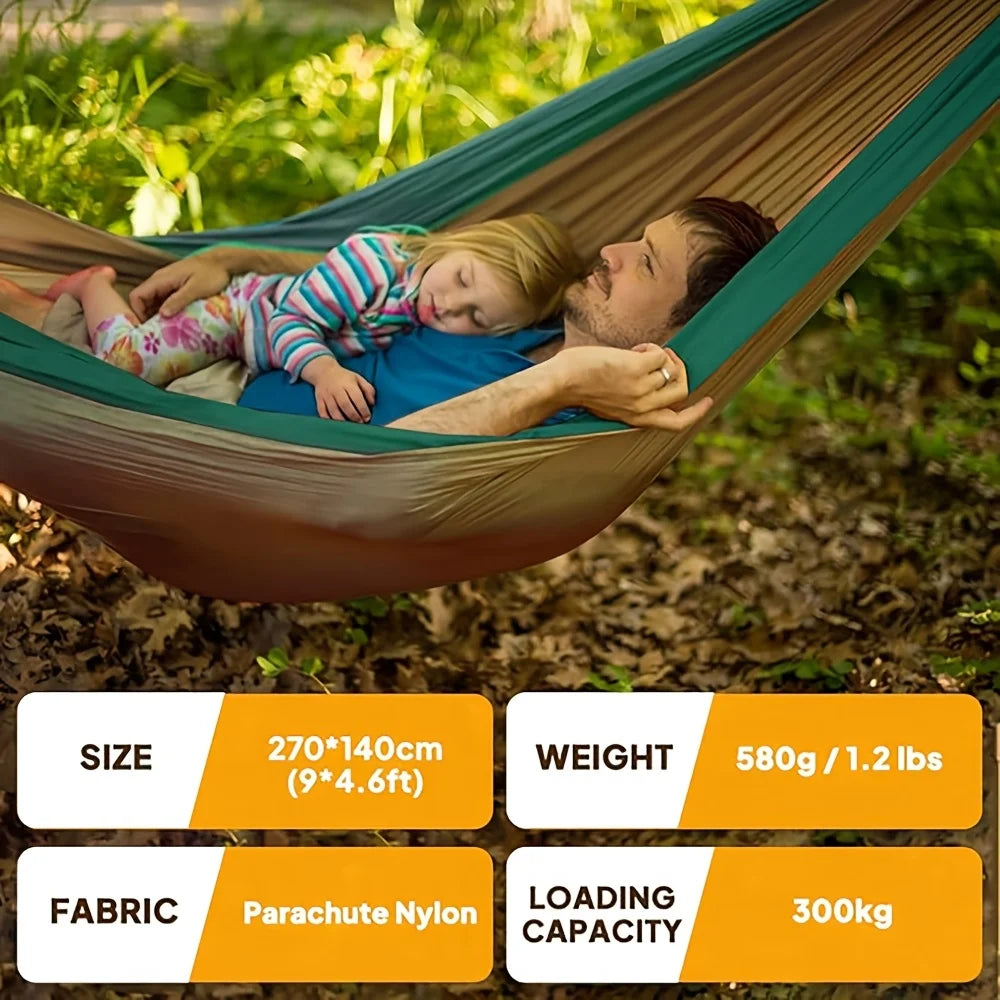 Portable Camping Hammock 2 Person Parachute Nylon Swing Bed with Tree Straps Carabiners Lightweight Anti-Rollover Hammock for Ou