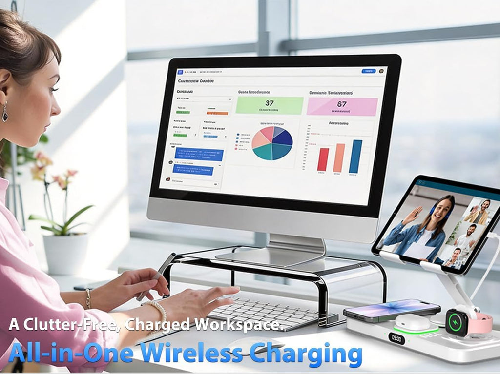 30W Charging Station for Apple Products, Foldable Wireless Charger with Clock Display&7 Color Light