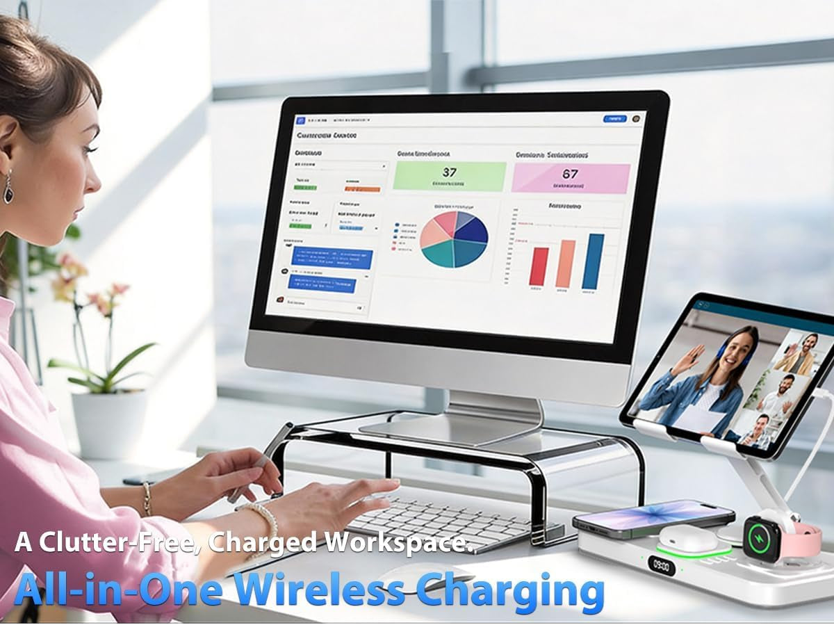 30W Charging Station for Apple Products, Foldable Wireless Charger with Clock Display&7 Color Light
