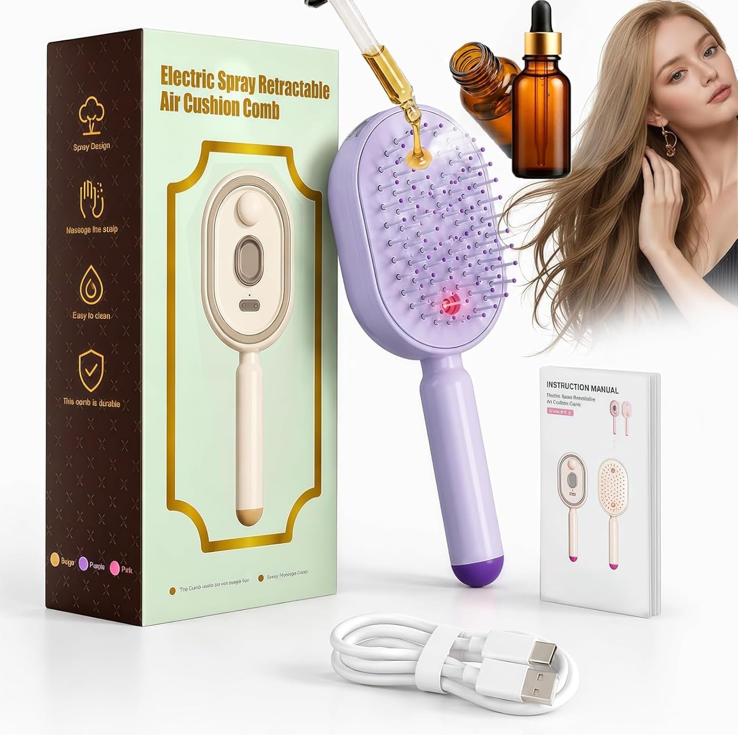 Electric Spray Air Cushion Massage Comb, 2027 New 3-In-1 Mist Spray Steam Brush for Hair, Anti-Static, Self-Cleaning, for Frizzy Hair & Scalp Care (Purple)