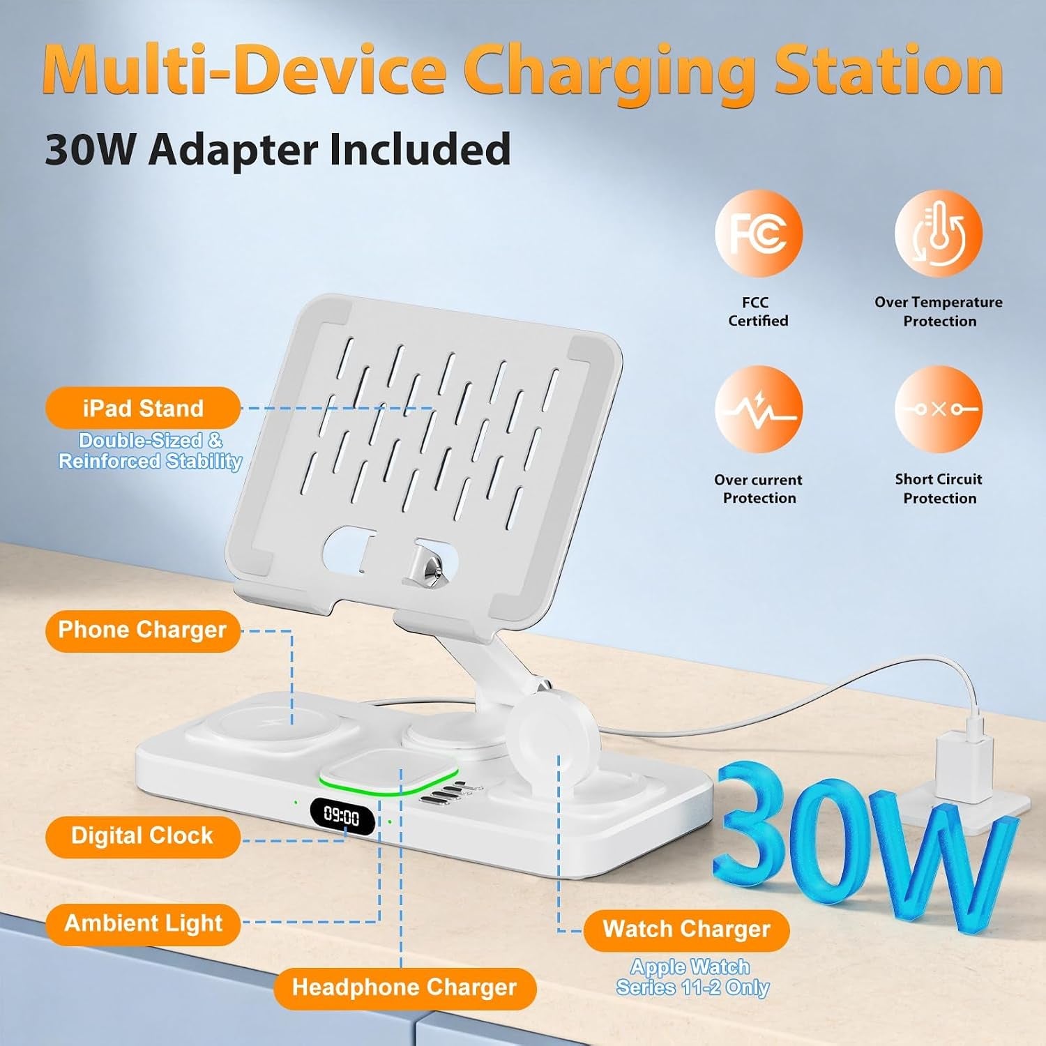 30W Charging Station for Apple Products, Foldable Wireless Charger with Clock Display&7 Color Light