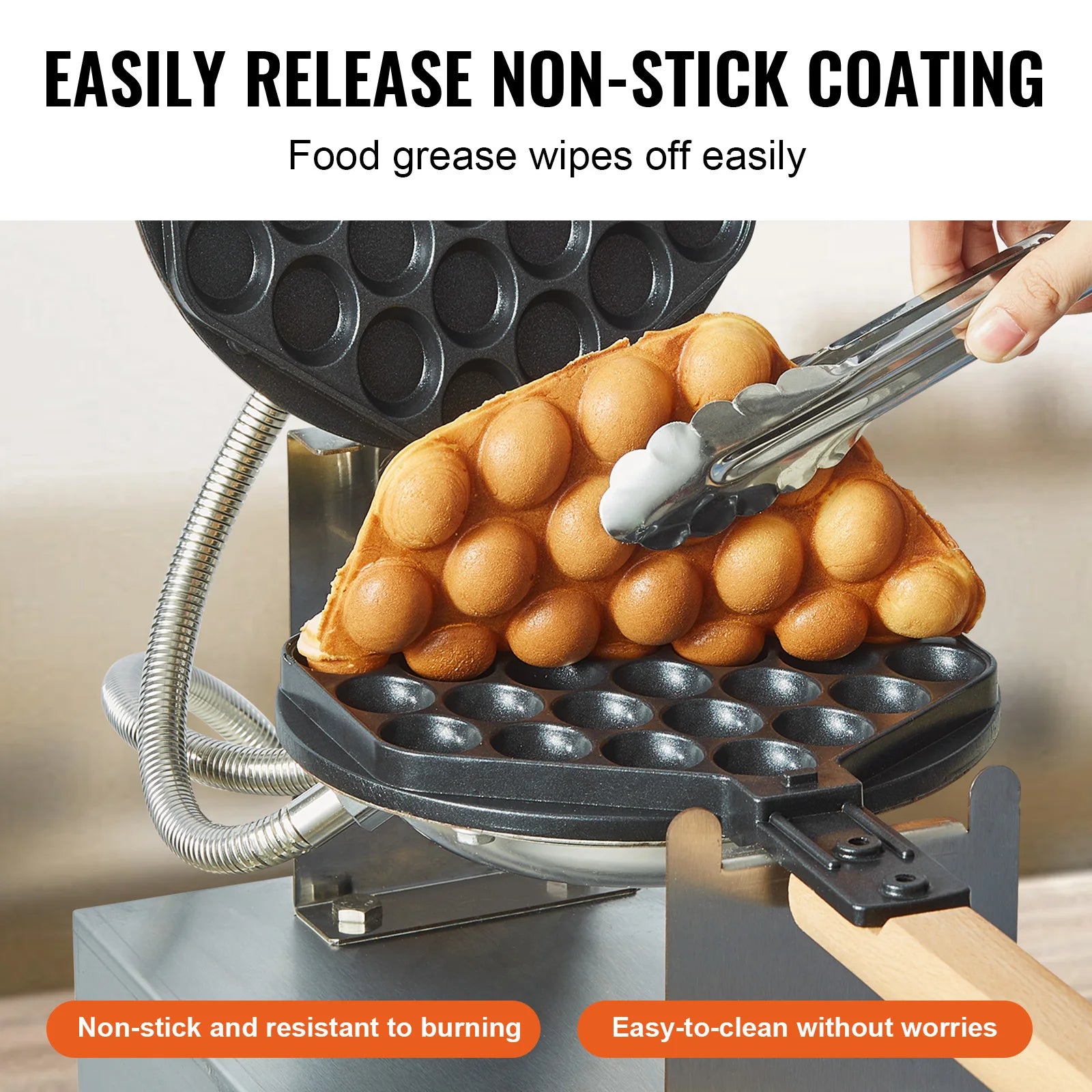 Succebuy Commercial Egg Bubble Waffle Maker 1400W Non-Stick Stainless Steel Bubble Puff W/180° Rotatable 2 Pans & Wooden Handles
