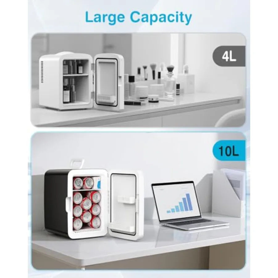 Portable 10L Mini Fridge for Bedroom, Office, Dorm: Black ABS Plastic Cosmetic Cooler with AC/DC Adapters, Ideal for Beverages,