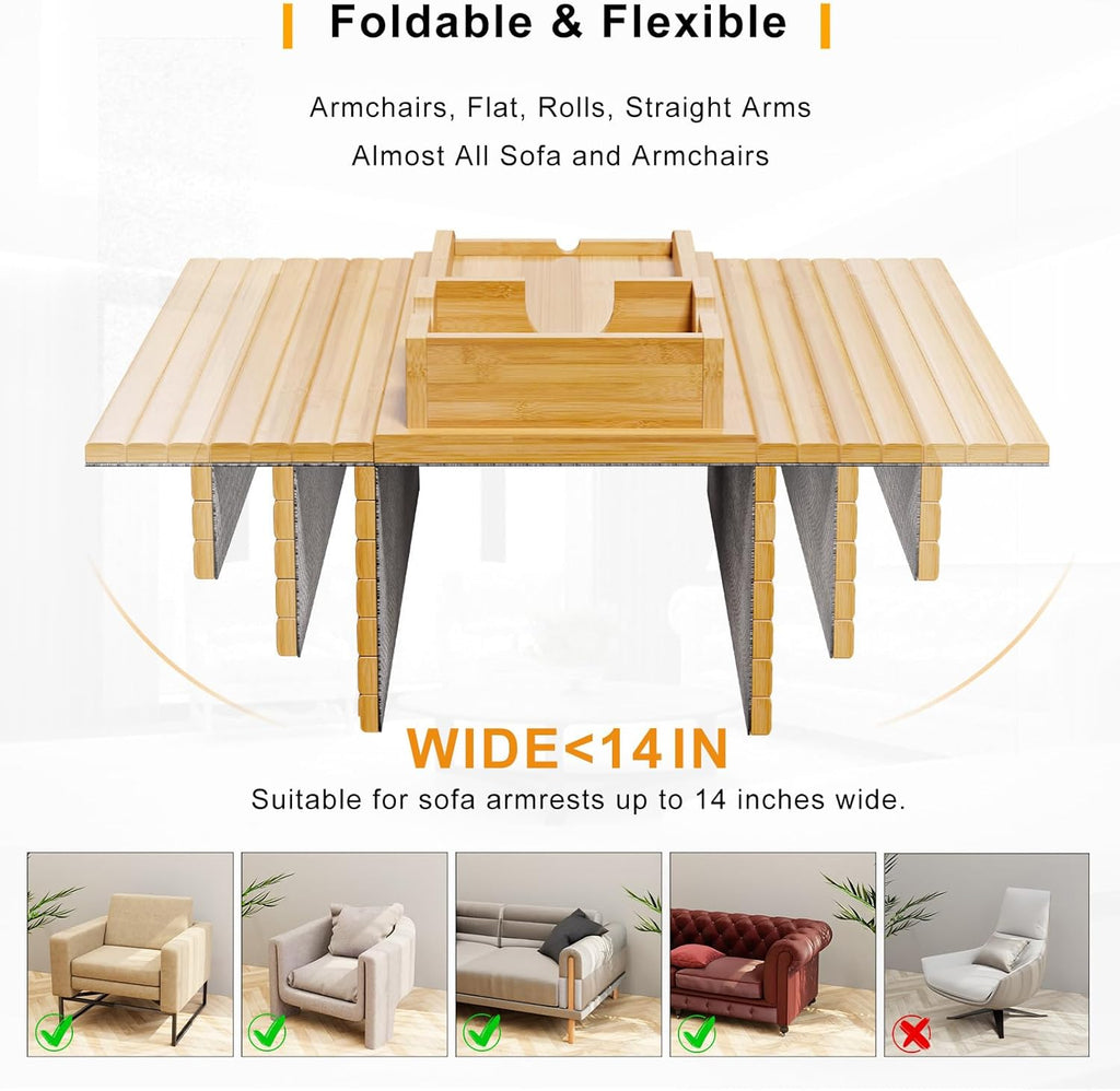 Bamboo Sofa Armrest Tray - Couch Arm Tray with Detachable Couch Cup Holder - 2 in 1 