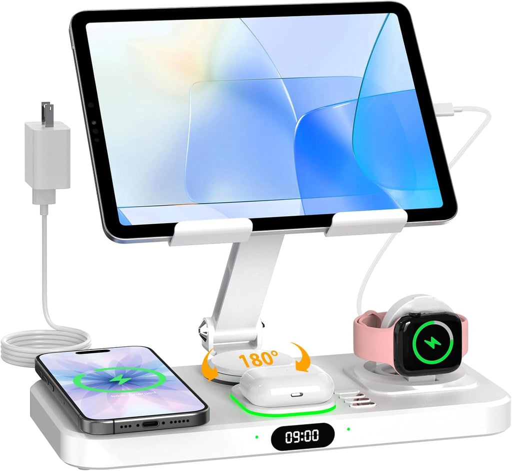 30W Charging Station for Apple Products, Foldable Wireless Charger with Clock Display&7 Color Light