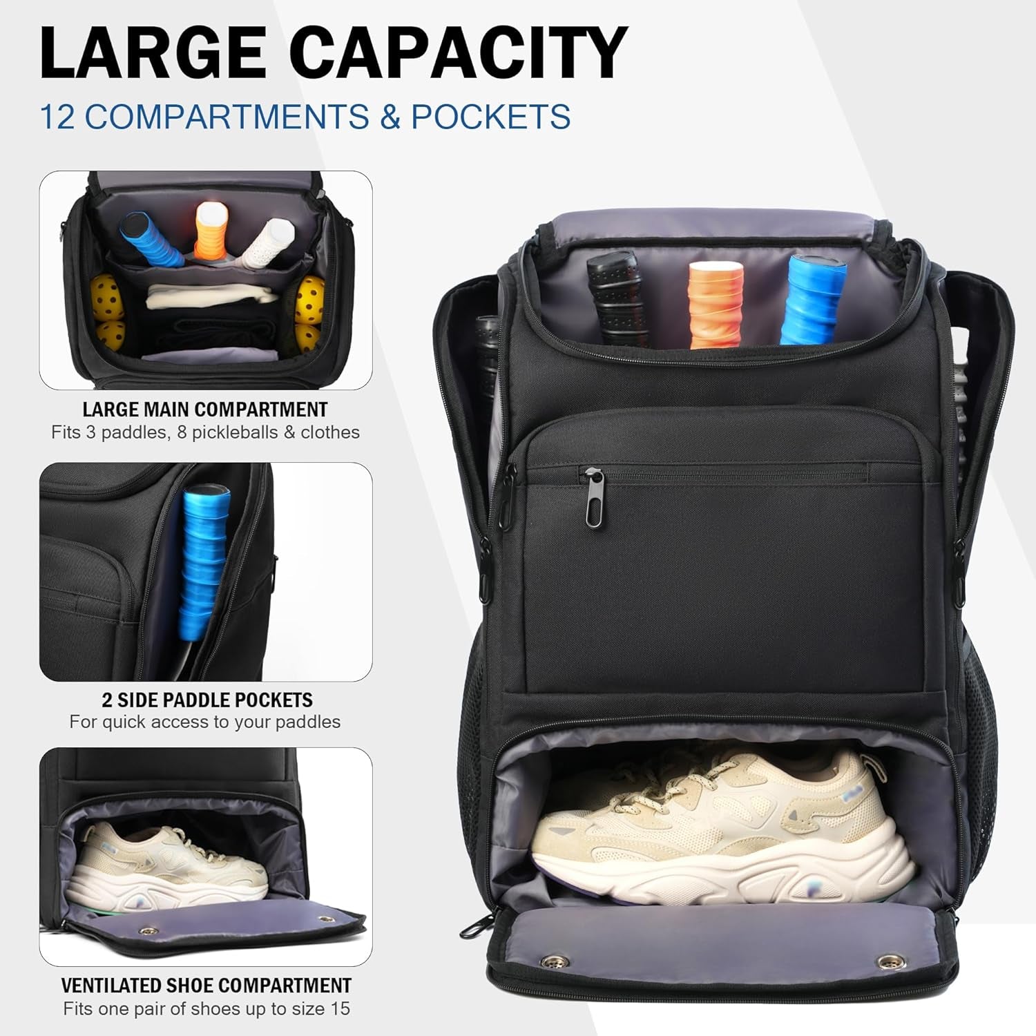 Premium Pickleball Bag Backpack Fits 4+ Paddles 