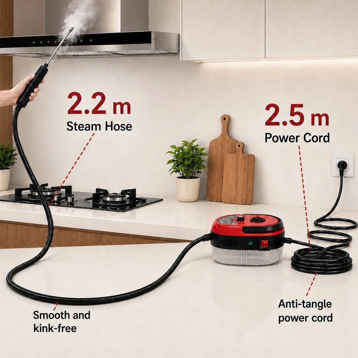 001 Small and Portable High-Pressure Red White Steam Cleaner with Brush Heads Handheld Sanitizing 6-Speed Settings Extended Hose Large Capacity Removes Grease Dust Mites for Air Conditioners Range Hoods Floors Bathrooms Cookware Tableware