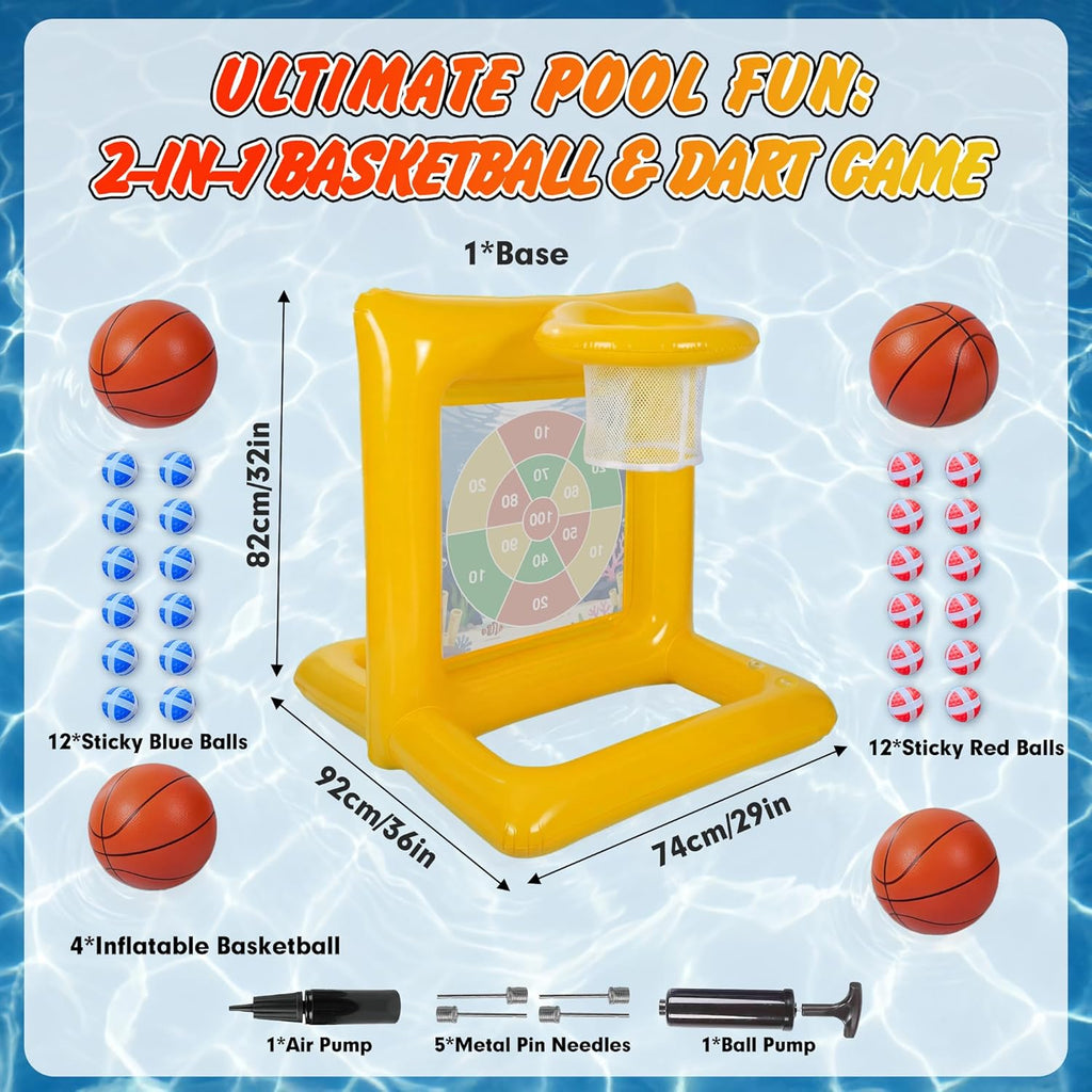 Premium Pool Toys for Kids & Adults, 2-In-1 Pool Basketball and Dart Board Game Set