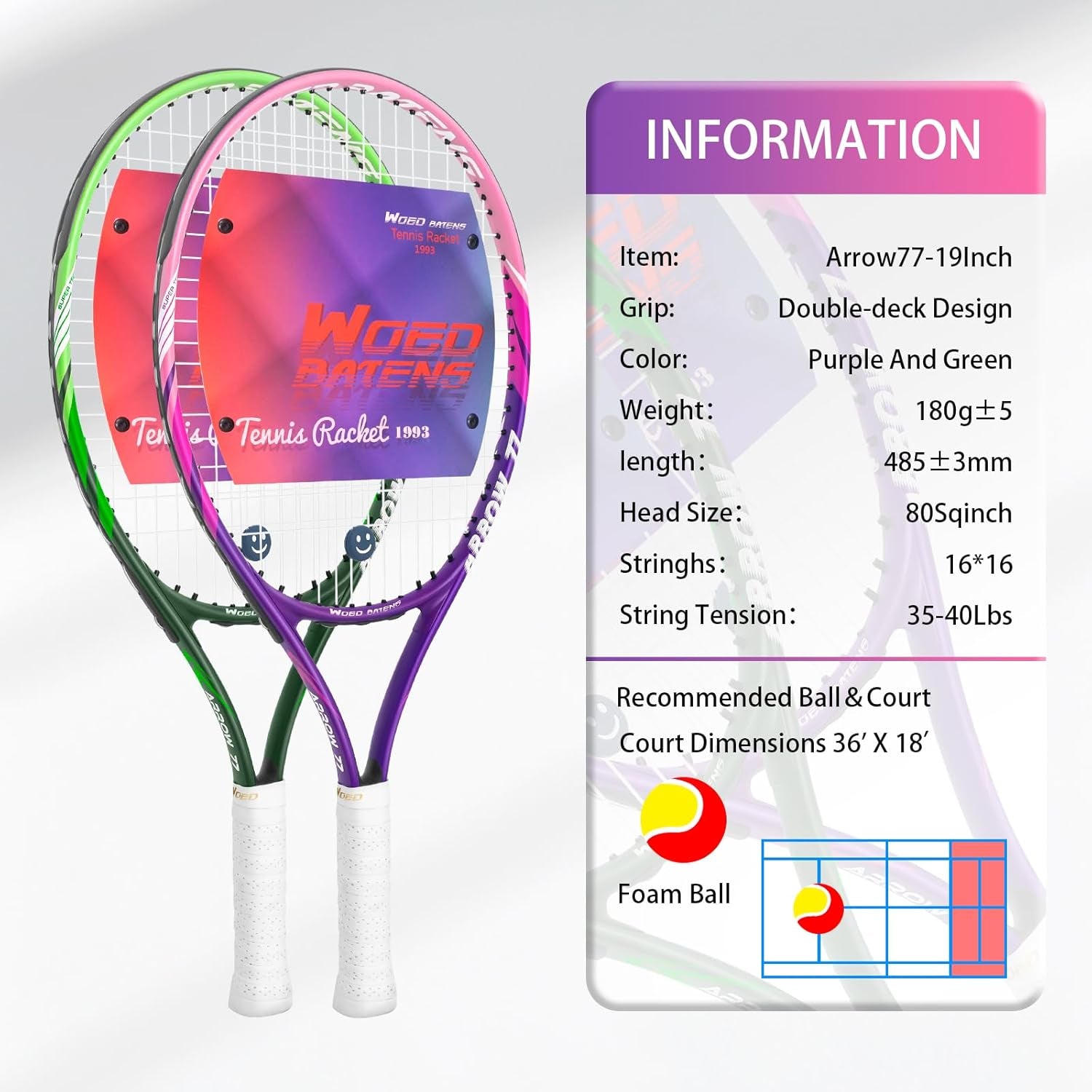 19" 23" 25" Kids Tennis Racket Junior/Youth Tennis Racquet with Tennis Ball Carry Bag 