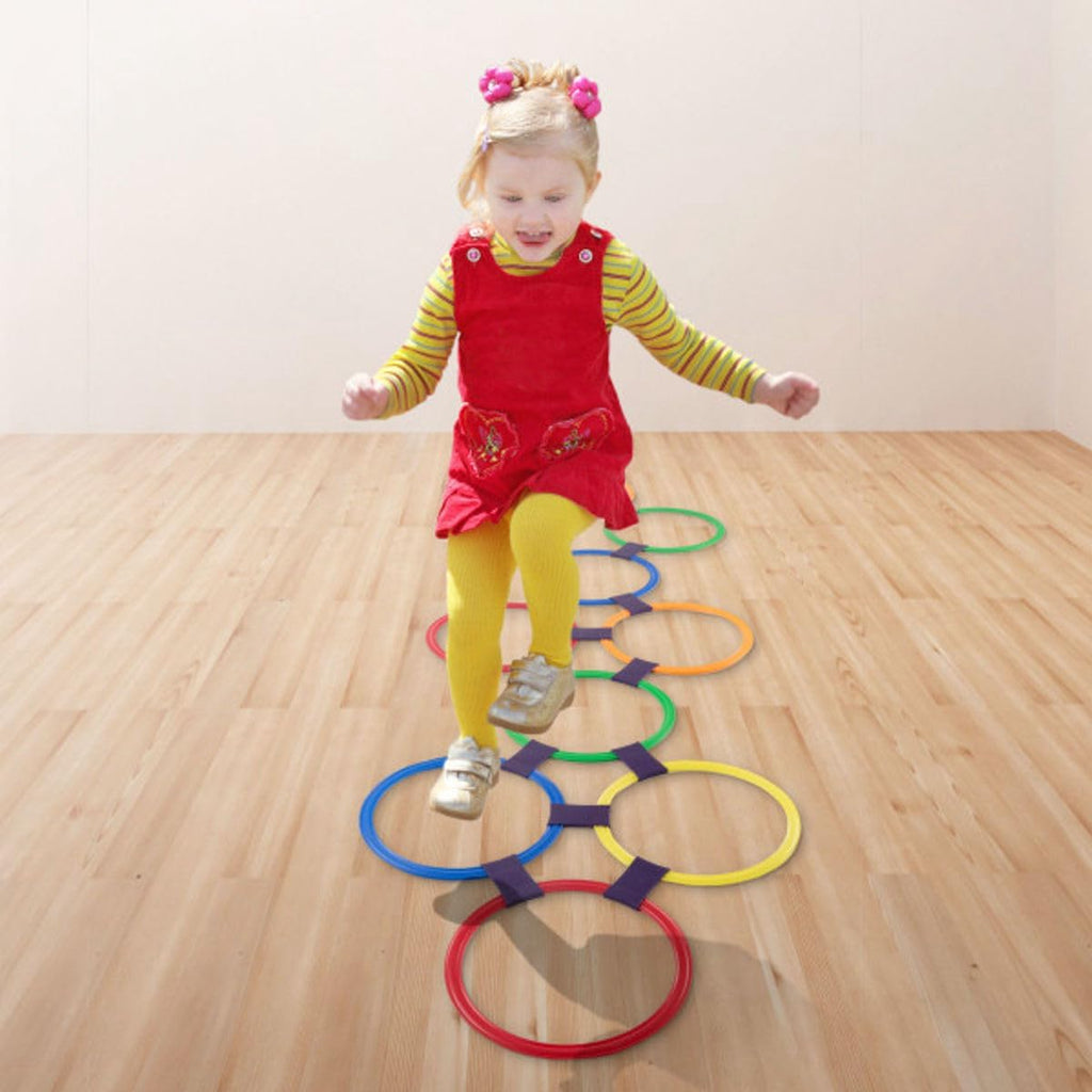 Hopscotch Rings Game - Ten 11-Inch Plastic Rings and 15 Connectors for Indoor and Outdoor Use 