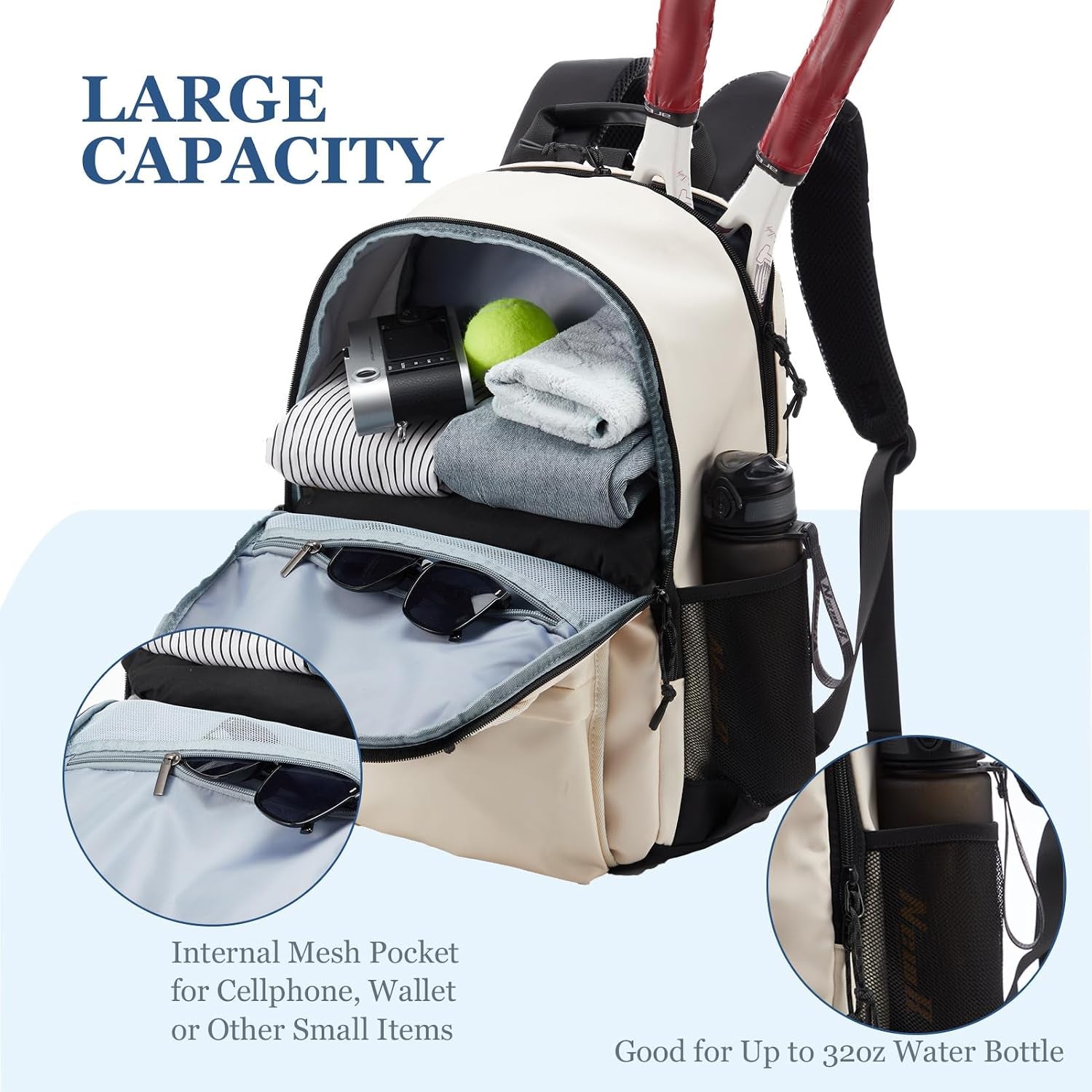 Tennis Bag, Tennis Backpack for Women Men 2 Rackets with Insulated Pocket Shoe Compartemnt for Pickleball Tennis