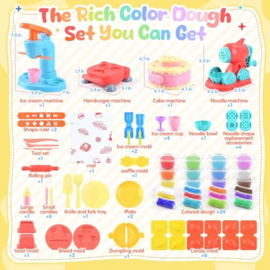 Color Dough Set Kitchen Creations with Ice Cream/Cake/Noodle/Hamburger Maker Mache, Arts Crafts Play Food Toys Tools Kit for Bo
