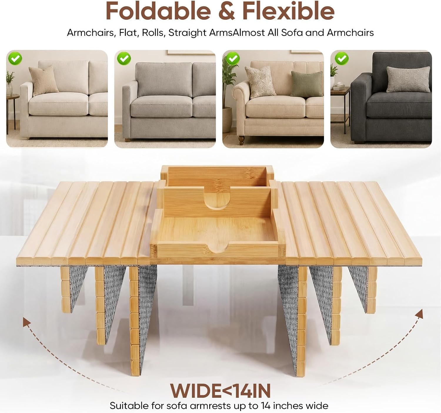 Bamboo Couch Arm Tray Table with Built-In Cup Holder