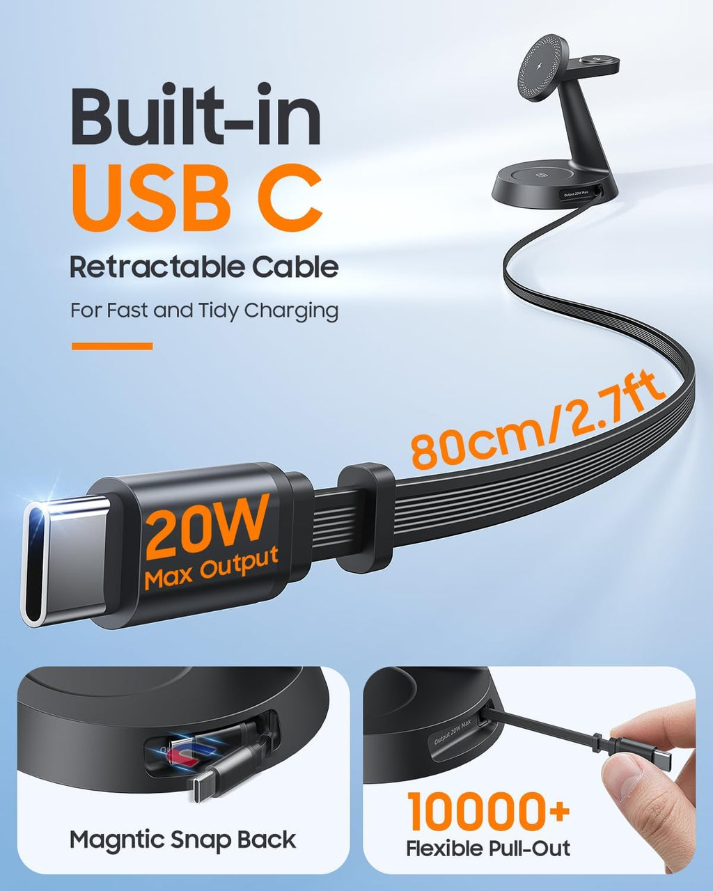 4 in 1 Magnetic Wireless Charger with 20W Fast Retractable Cable for Apple Devices