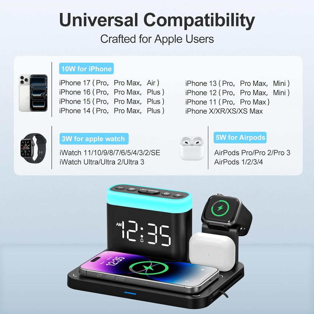 Wireless Charging Station,5 in 1 Multiple Charger Stand with Alarm Clock,7 Night Light,Magnetic Charging Dock for Iphone 17 16 15 14 13 12 Pro Max Plus,Apple Watch 11/10/9/8,For Airpods,Bedroom
