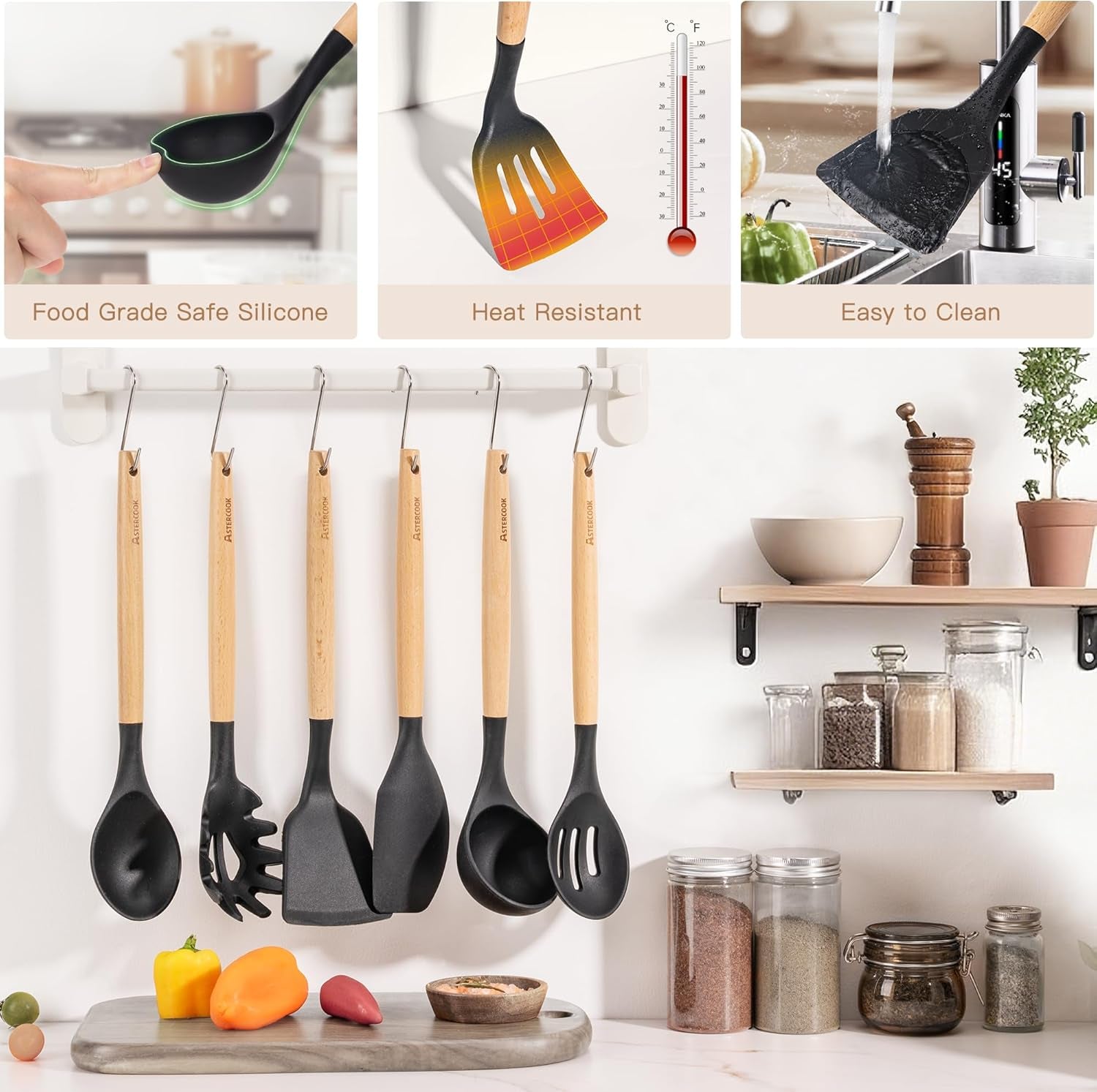 39 PCS Kitchen Utensils Set, Silicone Cooking Utensil Sets with Wooden Handle
