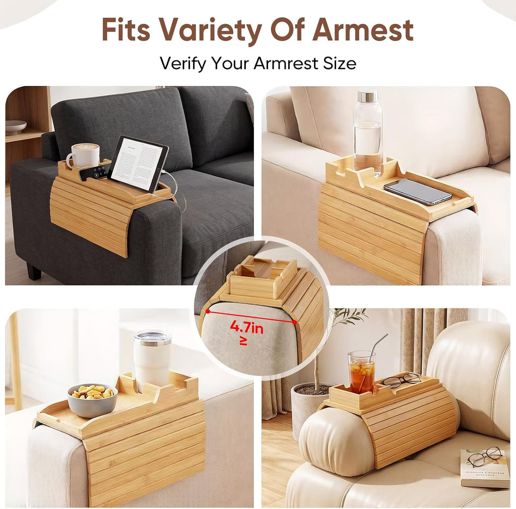 Bamboo Couch Arm Tray Table with Built-In Cup Holder