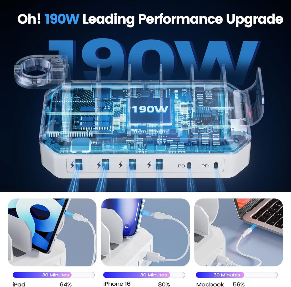 [2026 Upgrade] 190W Fast Charging Station for Multiple Devices【Certified Safer Charging】 6 Port USB Charger Station - Multi-Device Charging Dock with Phone/Macbook/Ipad/Tablet (8 Mix Cables Included)