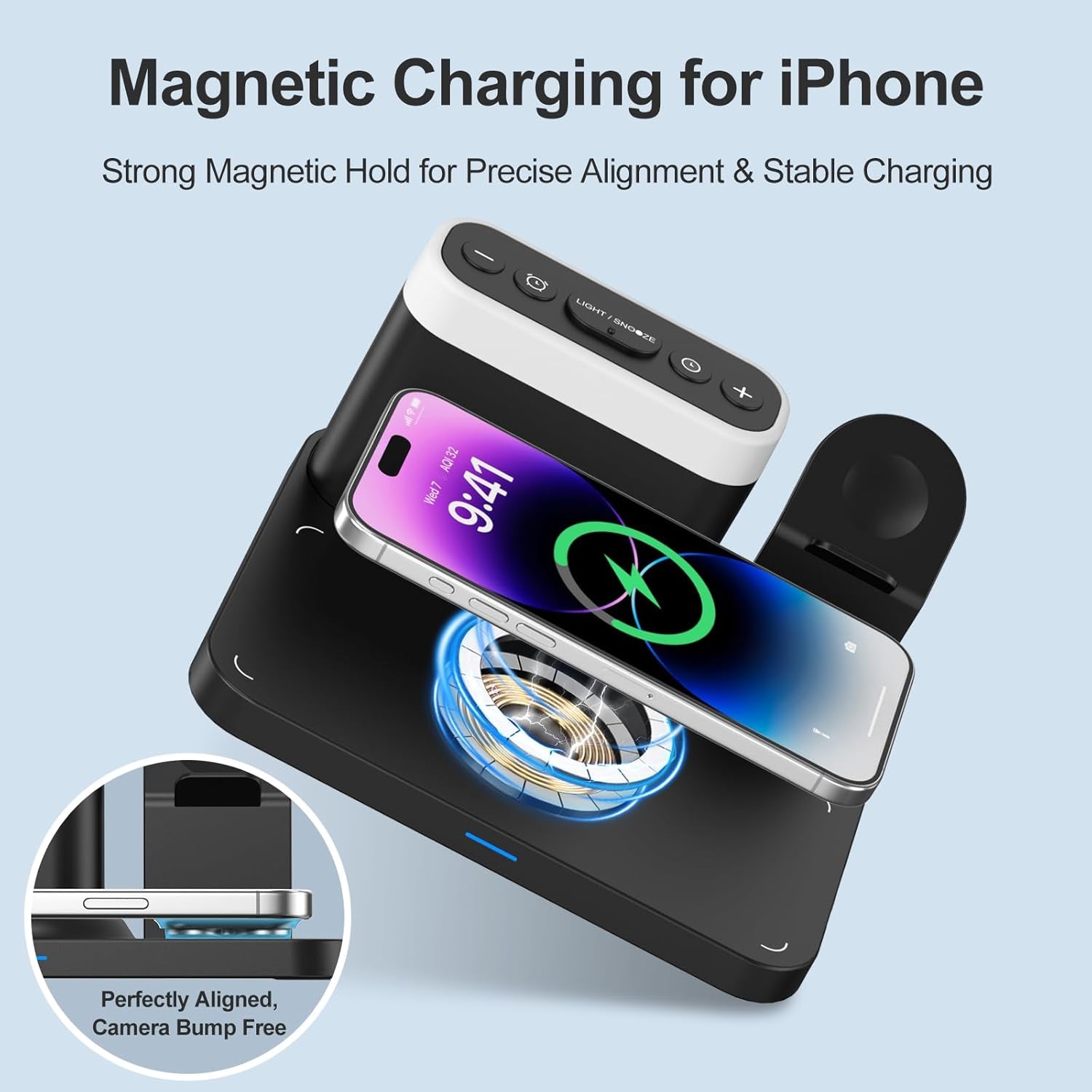 Wireless Charging Station,5 in 1 Multiple Charger Stand with Alarm Clock,7 Night Light,Magnetic Charging Dock for Iphone 17 16 15 14 13 12 Pro Max Plus,Apple Watch 11/10/9/8,For Airpods,Bedroom