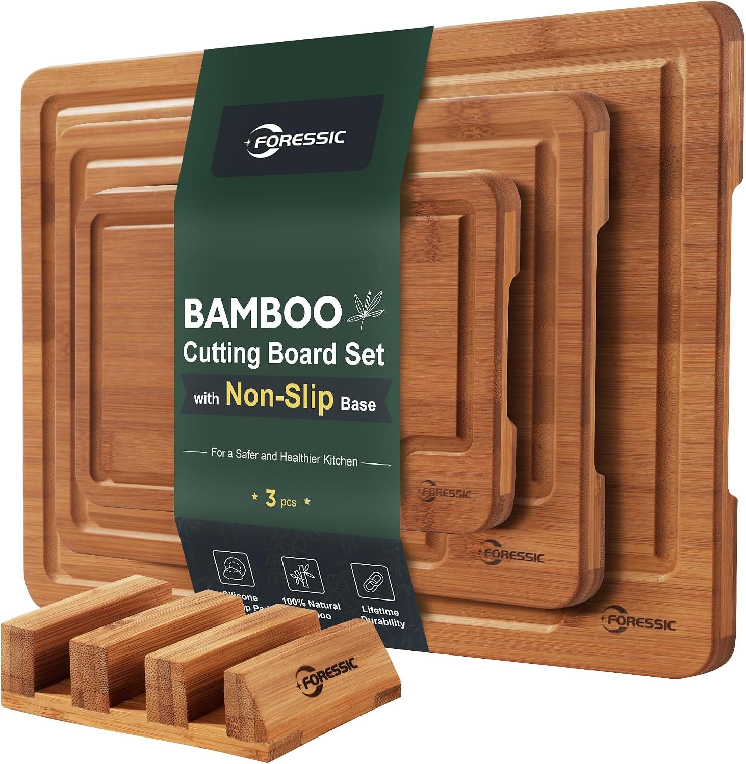 Bamboo Cutting Board, Non Slip Wood Cutting Boards for Kitchen 3 Packs Holder 