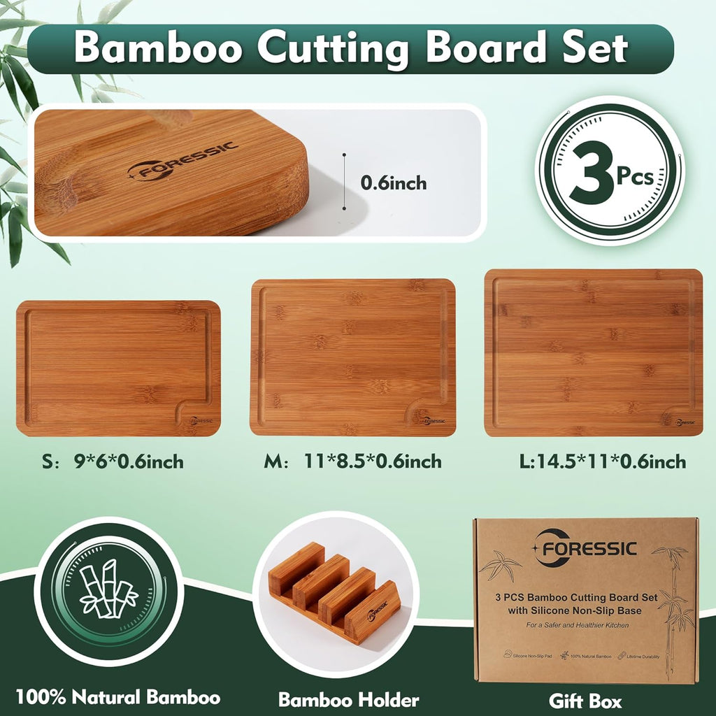 Bamboo Cutting Board, Non Slip Wood Cutting Boards for Kitchen 3 Packs Holder 