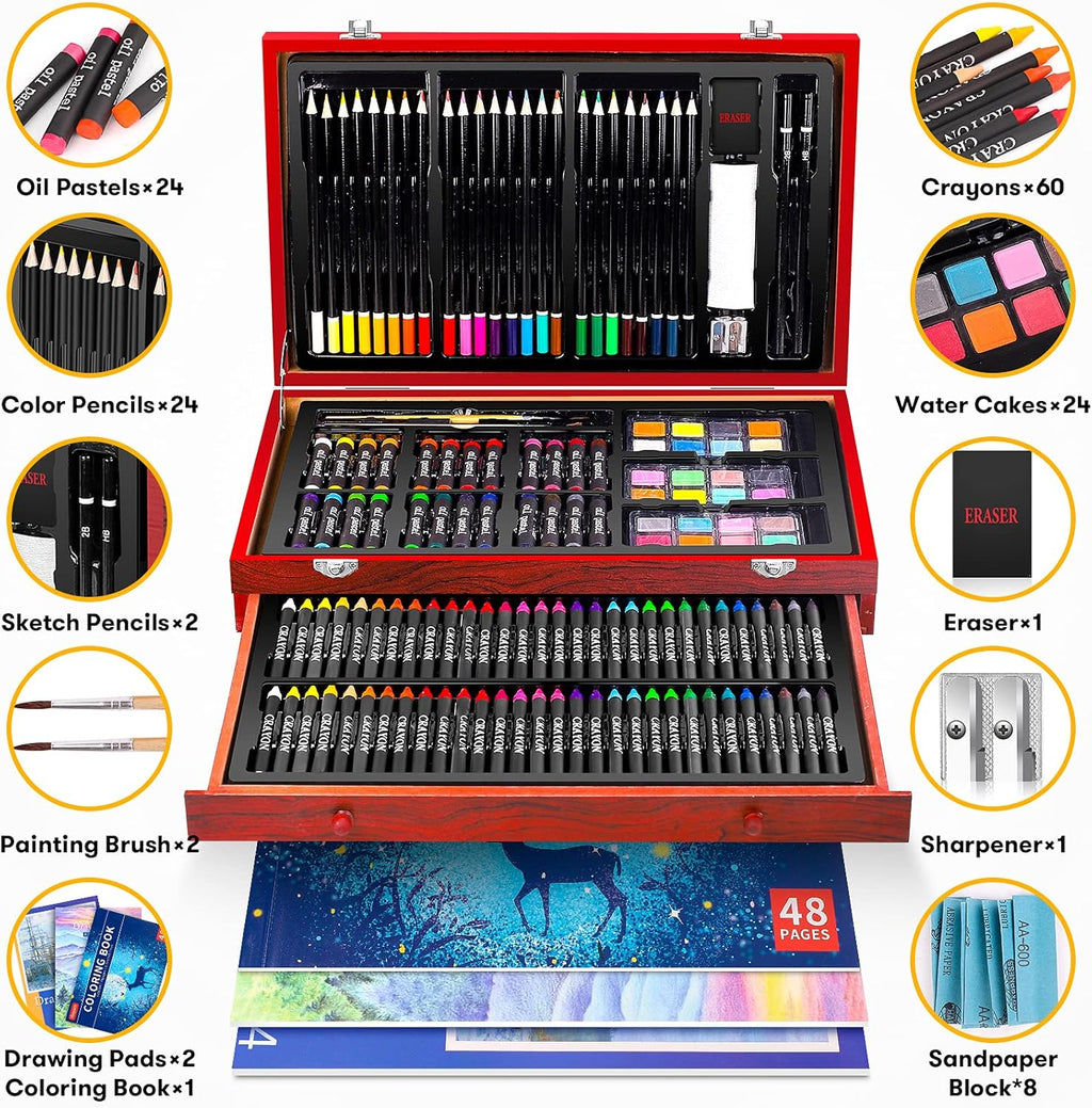 150-Pack Deluxe Wooden Art Set Crafts Drawing Painting Kit with 2 -Sketch Pads