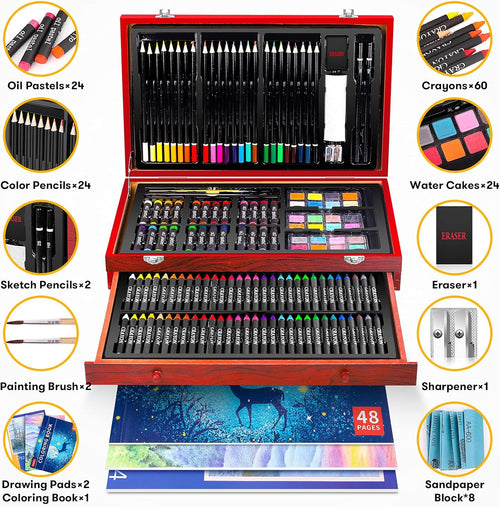 150-Pack Deluxe Wooden Art Set Crafts Drawing Painting Kit with 2 -Sketch Pads