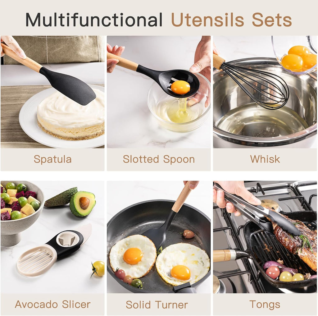 39 PCS Kitchen Utensils Set, Silicone Cooking Utensil Sets with Wooden Handle