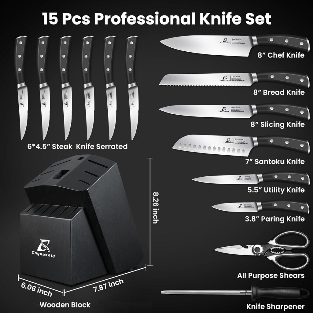 Knife Set, Upgrade 15 Pcs Knife Block Set with Widened Ventilated Slot