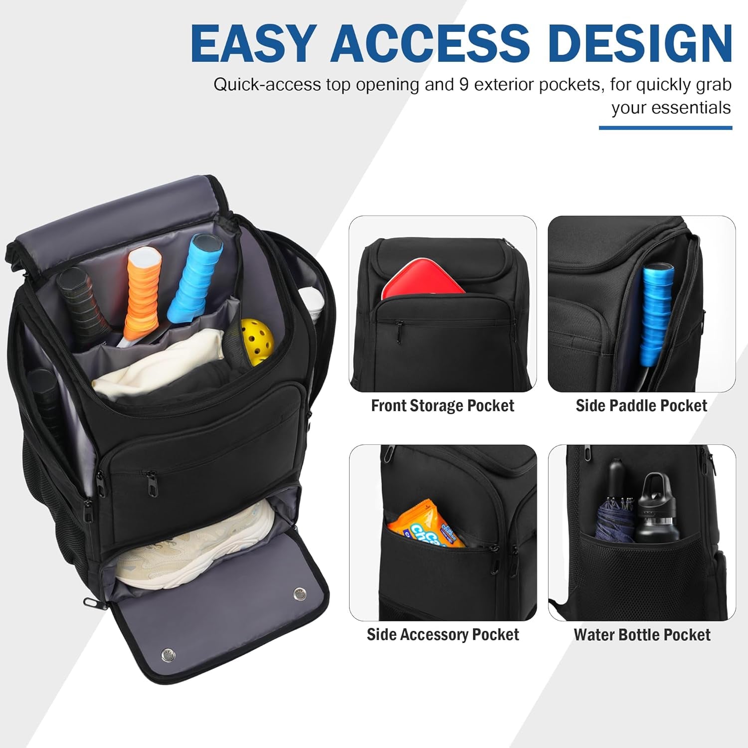 Premium Pickleball Bag Backpack Fits 4+ Paddles 