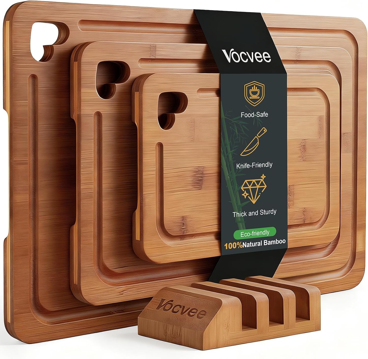 Premium Bamboo Wood Cutting Board with Wood Storage Stand