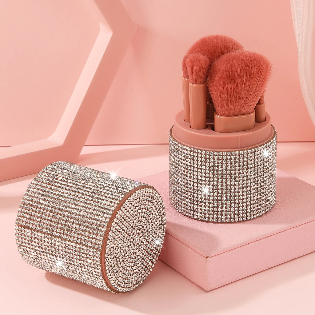 5Pcs Premium 5-In-1 Bling Diamond Makeup Brush Set, Mini Travel-Friendly Cosmetic Tools with Blush & Face Brushes, Ultra-Soft Bristles, All-In-One Portable Kit
