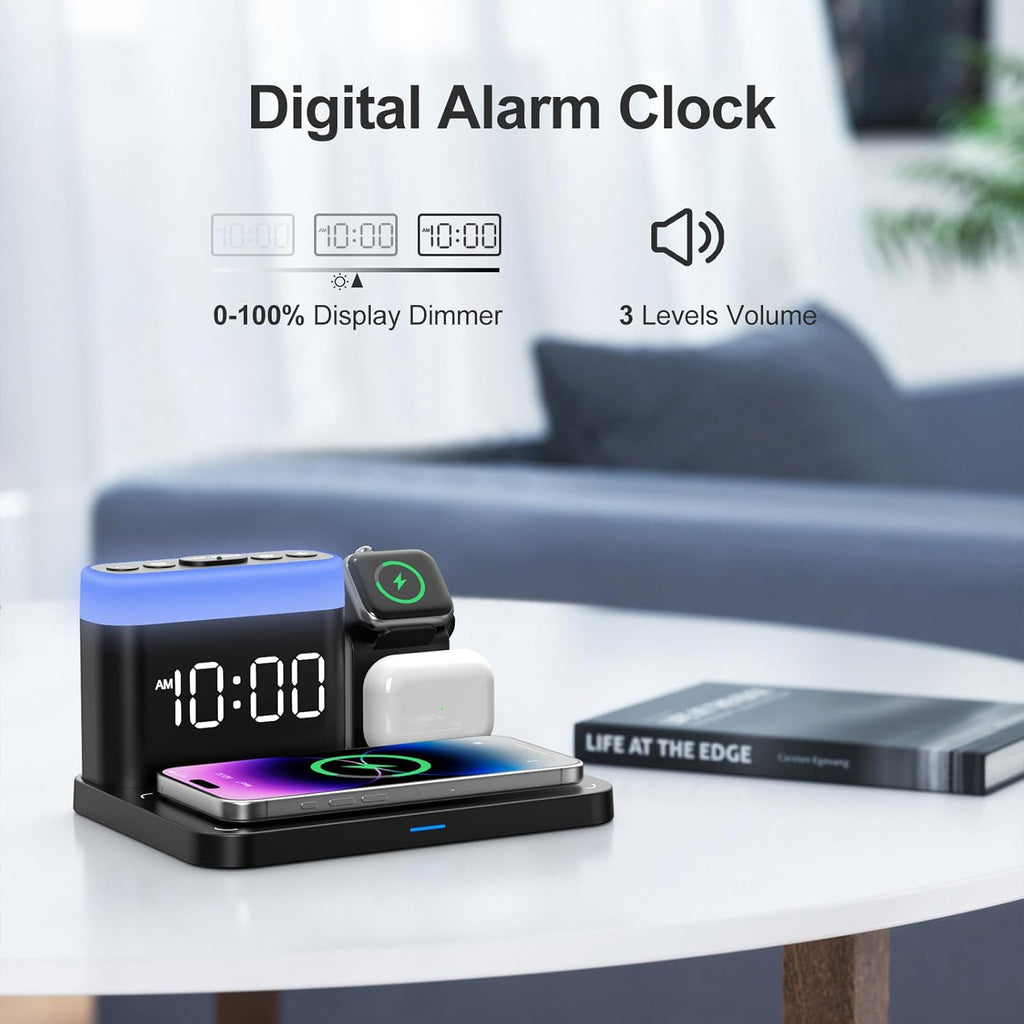 Wireless Charging Station,5 in 1 Multiple Charger Stand with Alarm Clock,7 Night Light,Magnetic Charging Dock for Iphone 17 16 15 14 13 12 Pro Max Plus,Apple Watch 11/10/9/8,For Airpods,Bedroom